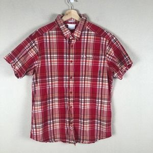 COLUMBIA Shirt Red Plaid Button Down Stretch Collared Pocket Casual Size Large‎